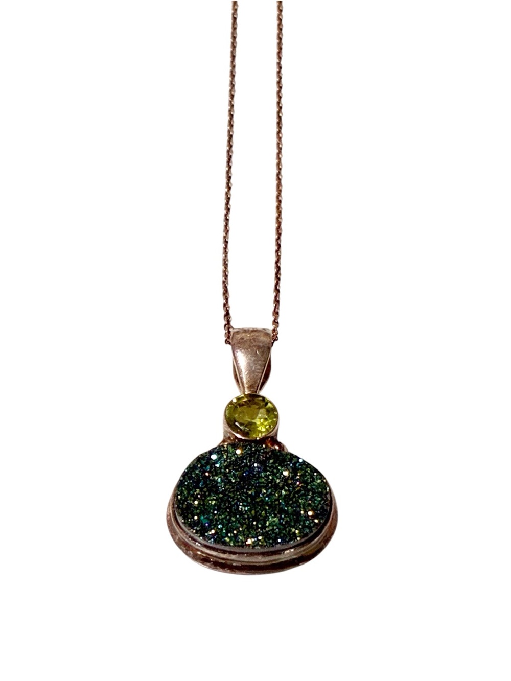 925 Sterling Silver Made in India Green Druzy Necklace